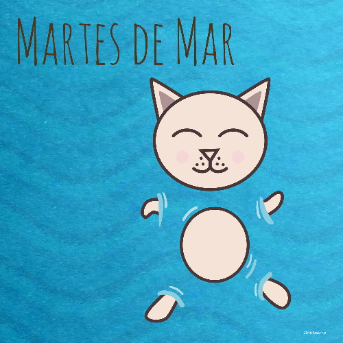 swimming cat illustration with text reads Martes de Mar